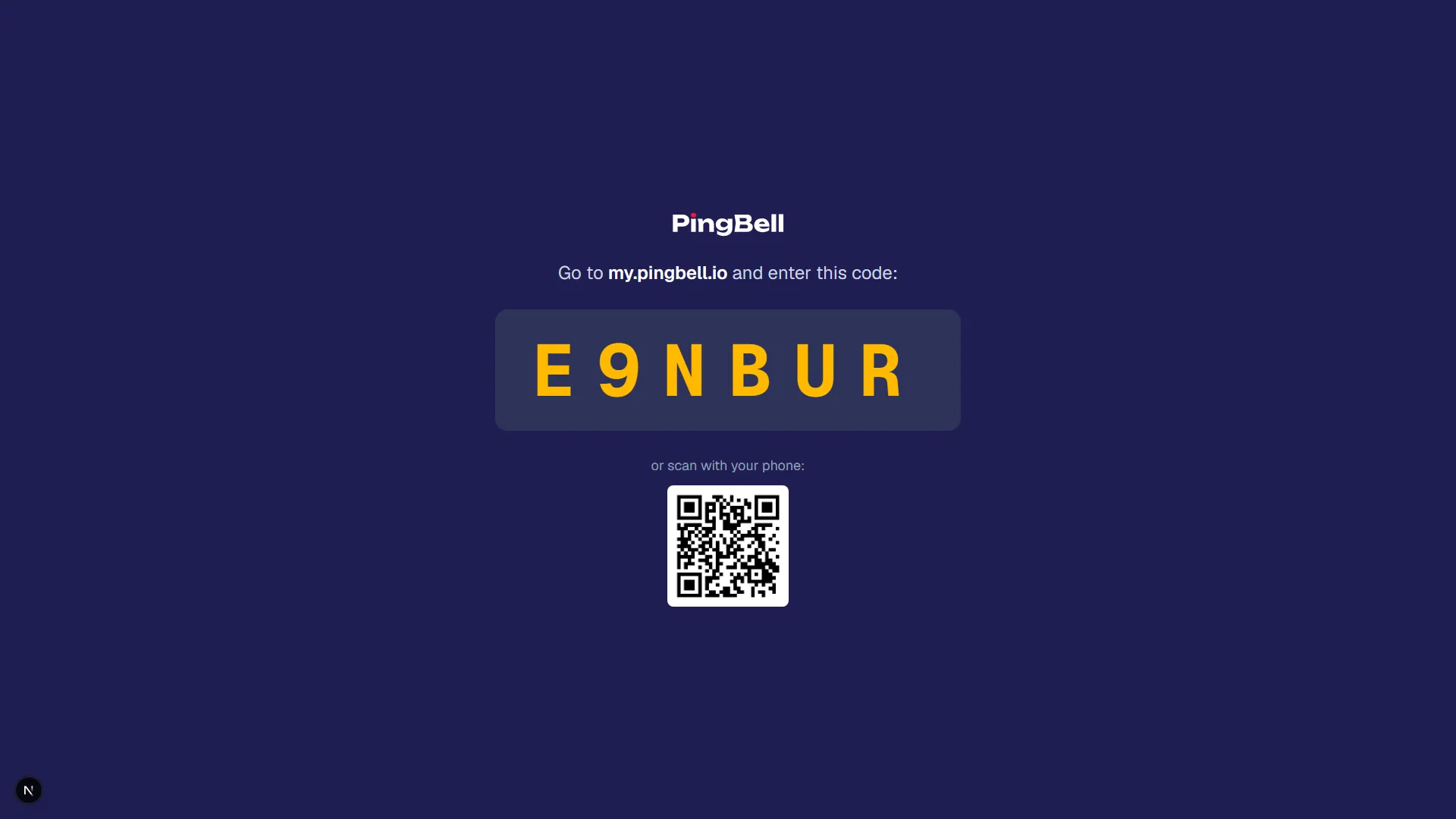 The PingBell TV app showing its pairing code and QR