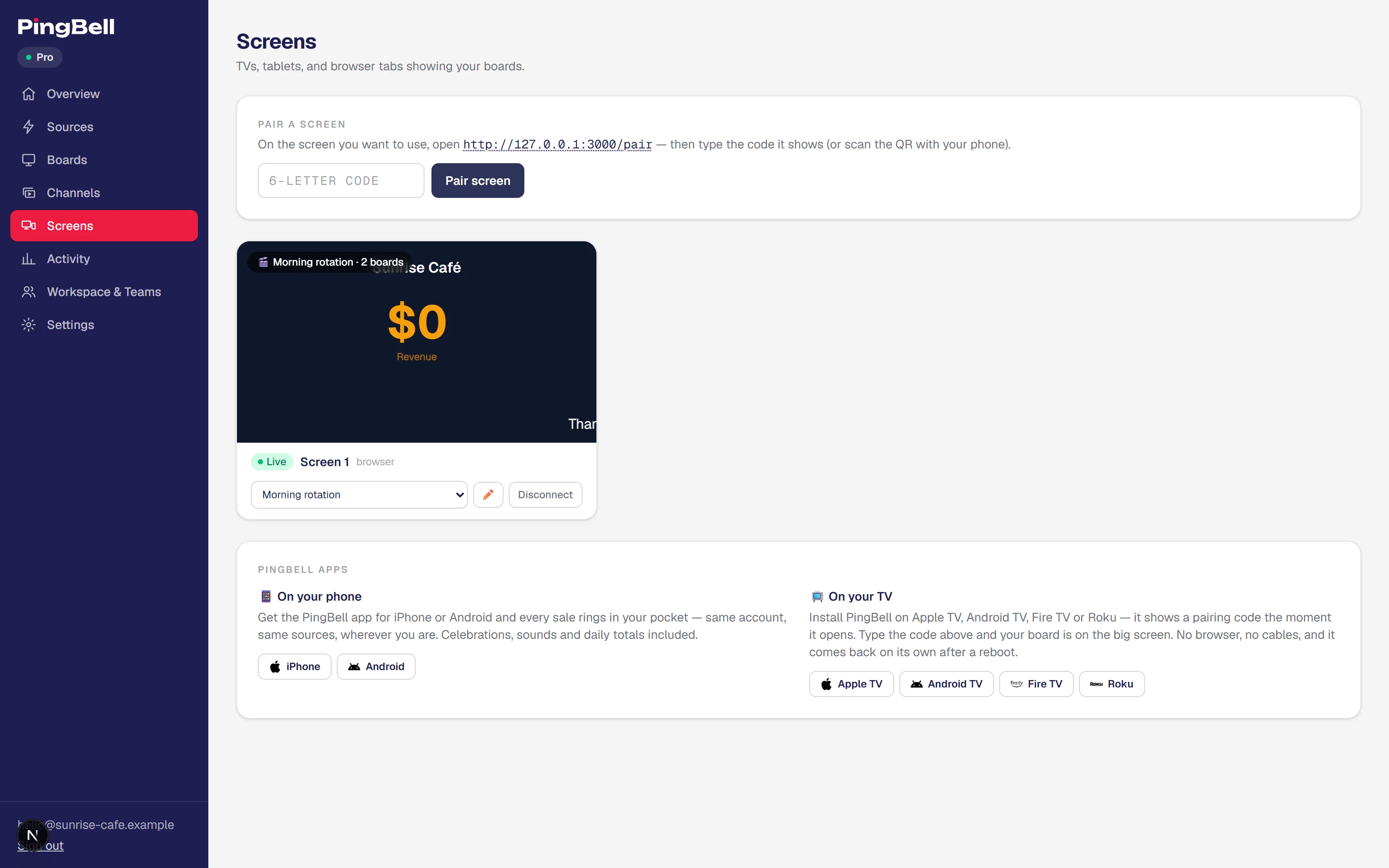 The Screens page with the paired TV showing Live status and the channel assigned