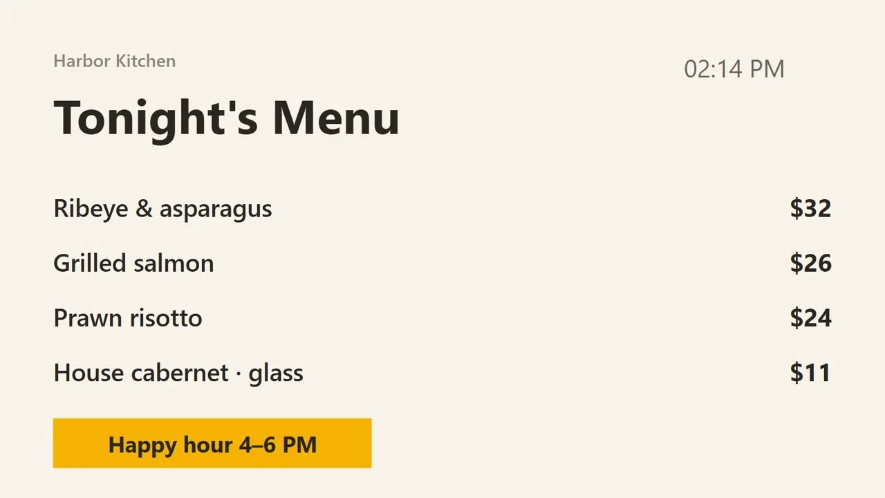 A PingBell board on a TV: Restaurant · tonight's menu