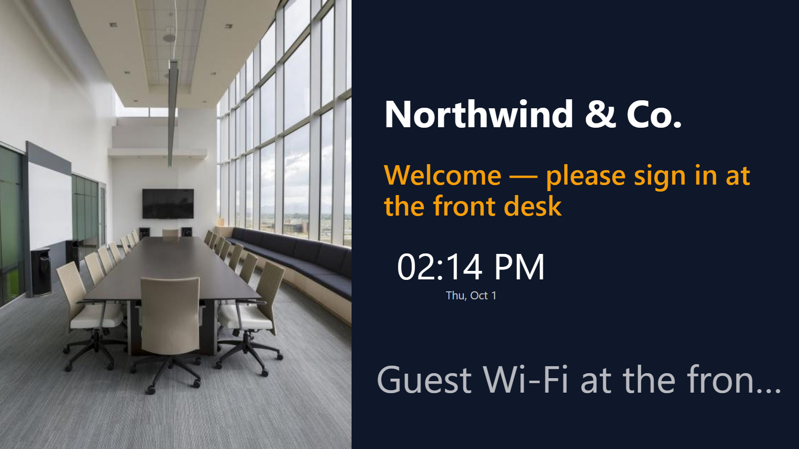 A reception channel on the lobby TV: a welcome, today's rooms and the notice board