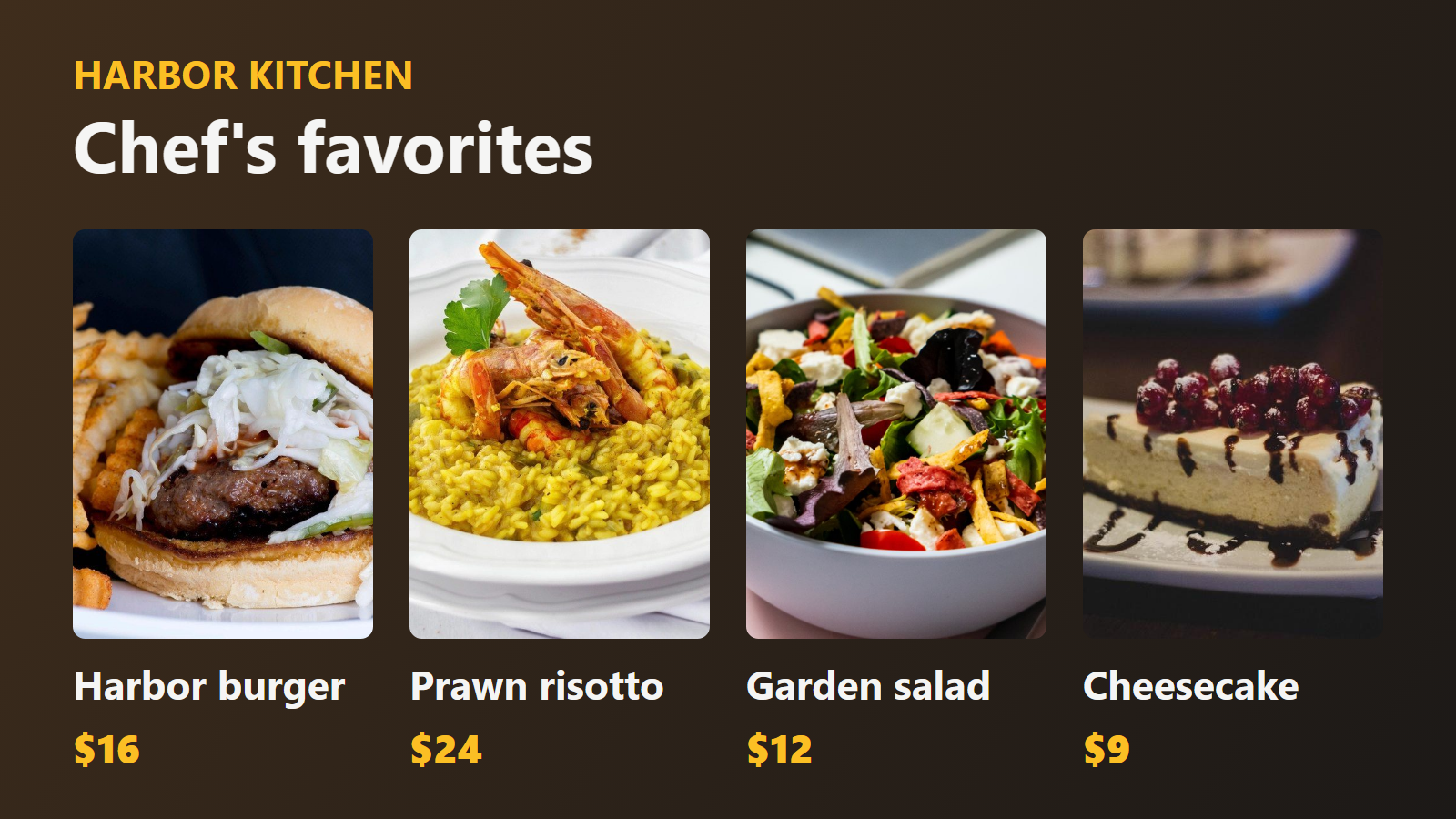 A restaurant channel on a TV, rotating the menu, a featured dish and a board of four dishes